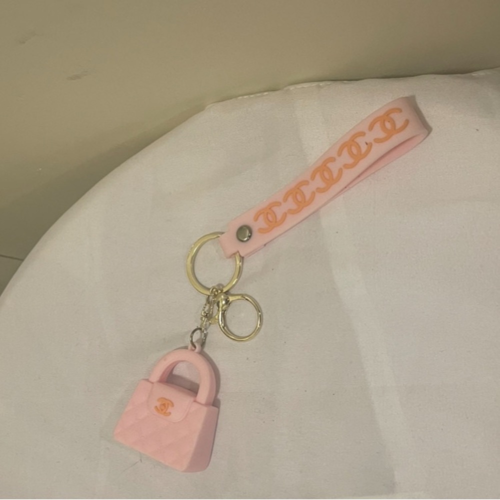 Pink Quilted Mini Bag Keychain with Logo Strap